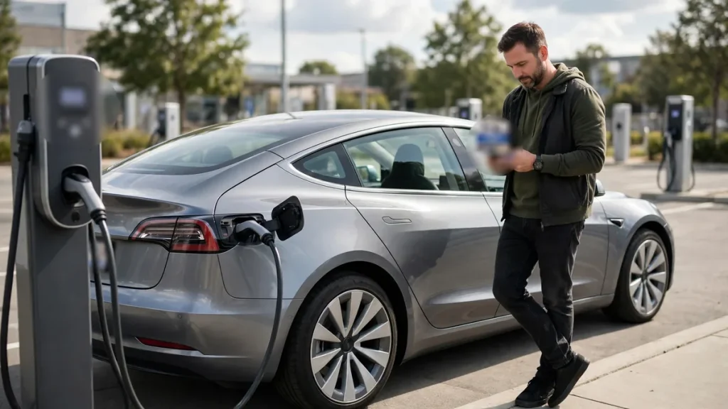 Tesla owner using the app charge port controls while the car is plugged in