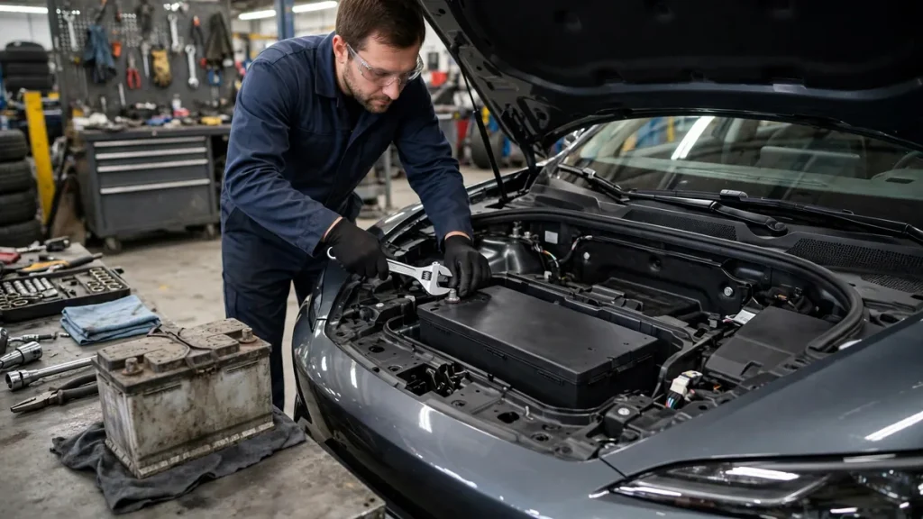 Mechanic installing a new 12V battery in an electric car