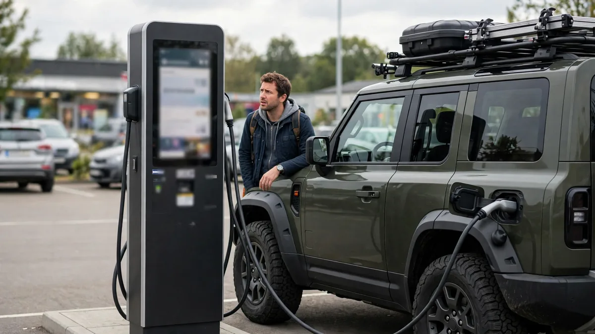 Electric SUV plugged into a DC fast charger while the driver checks the charger screen