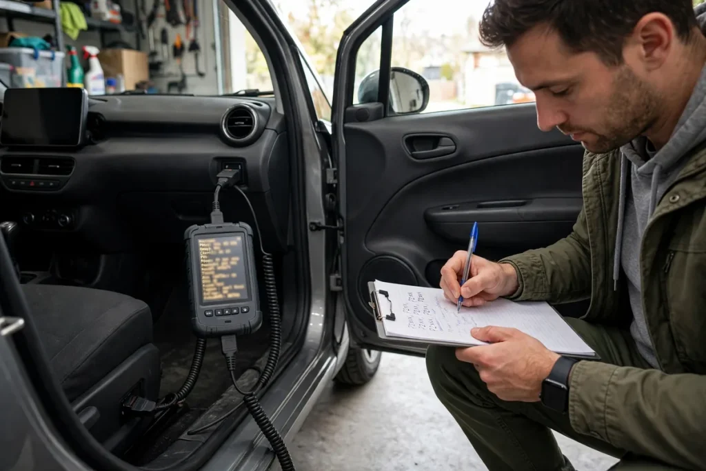 OBD2 scanner reading fault codes in a Chevy Bolt while the owner writes them down