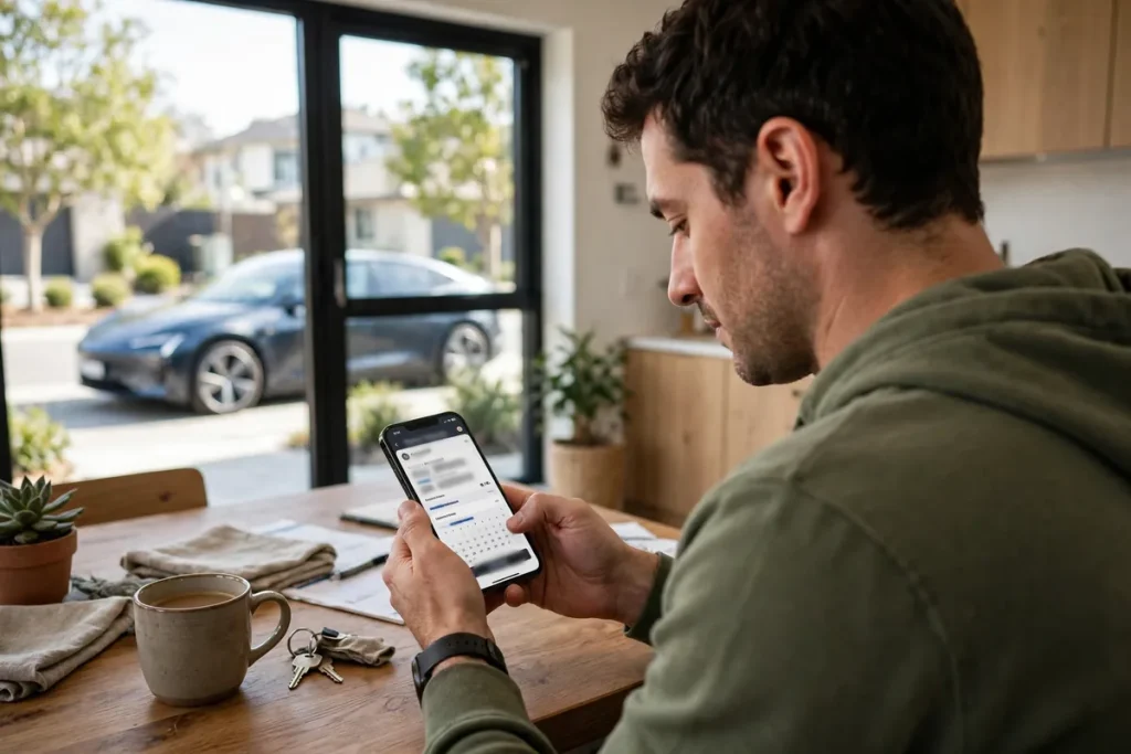 Tesla owner scheduling a service appointment in the Tesla app on a smartphone