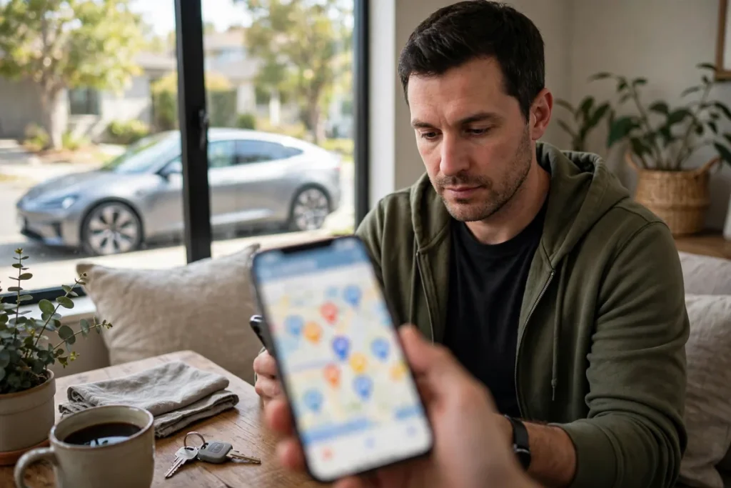 EV owner searching on a smartphone map for a certified EV repair shop nearby