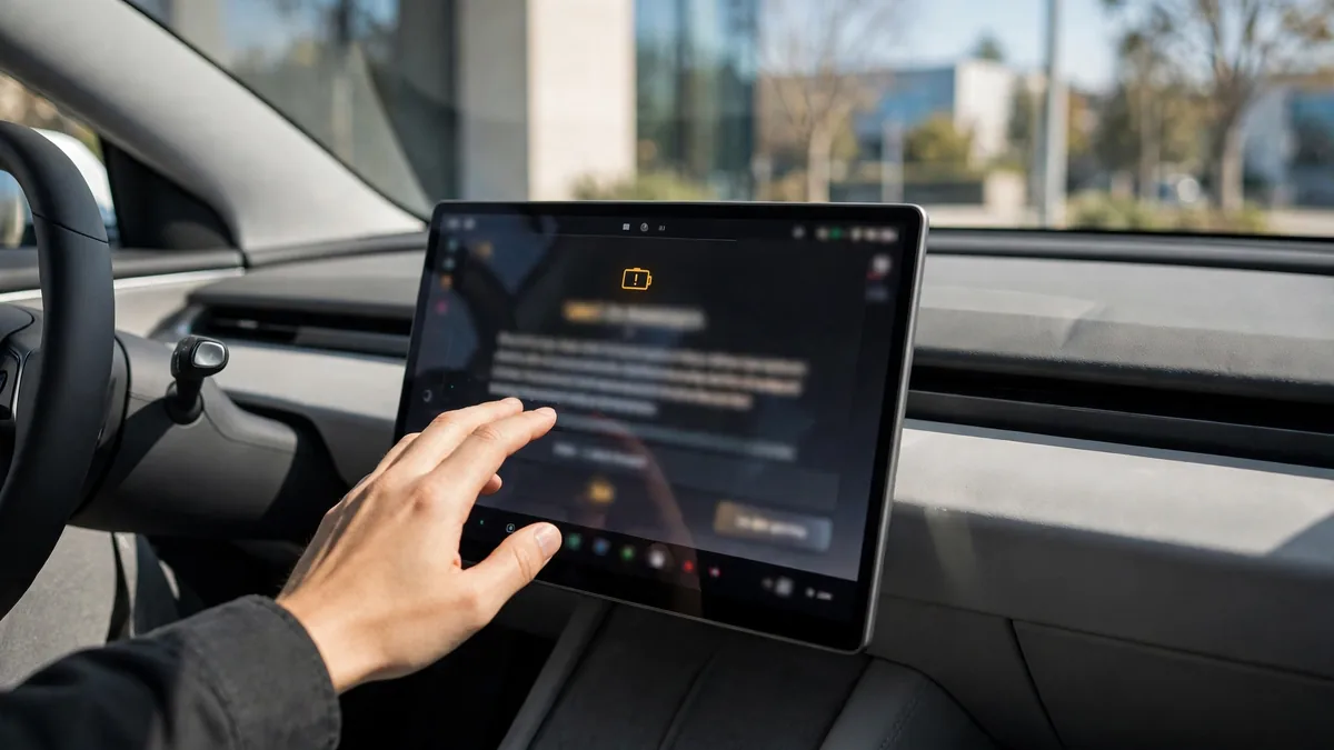 Tesla touchscreen showing a battery management system alert notification