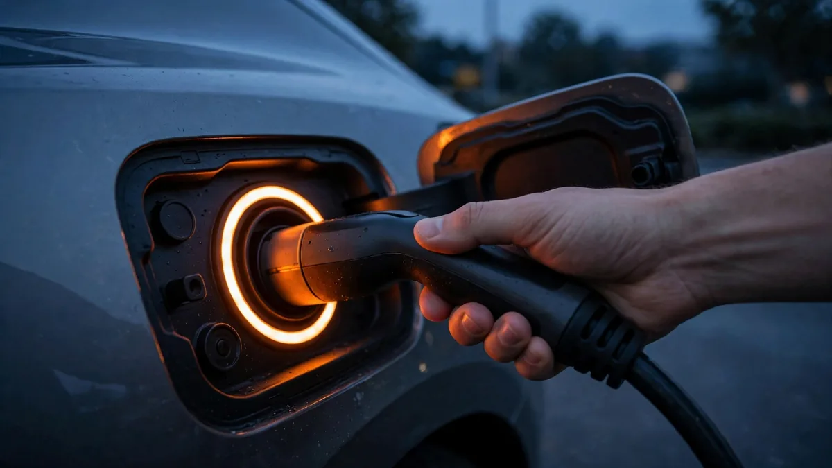 Tesla charge port with cable plugged in and the port light blinking orange