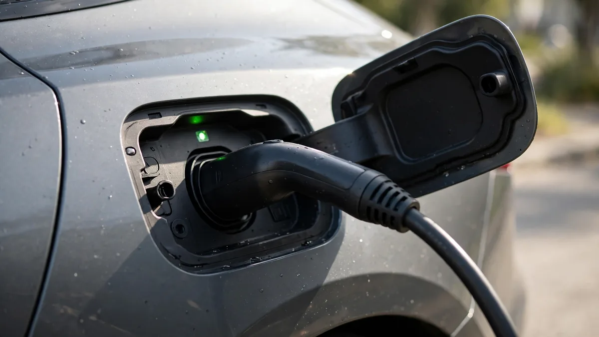 Close view of an electric sedan charge port with the cable plugged in and the latch indicator light