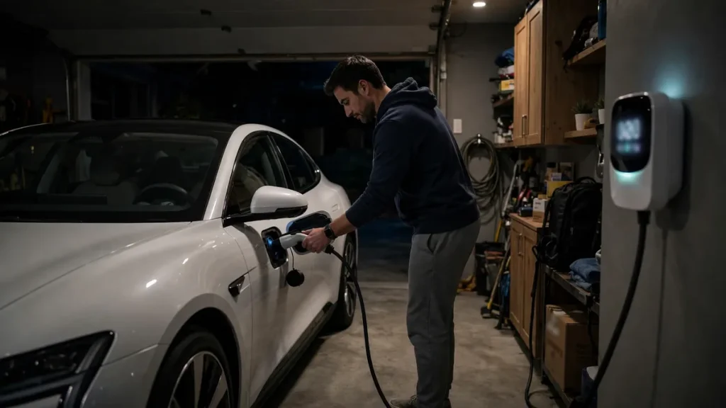Tesla charging on a home wall charger in a garage at night