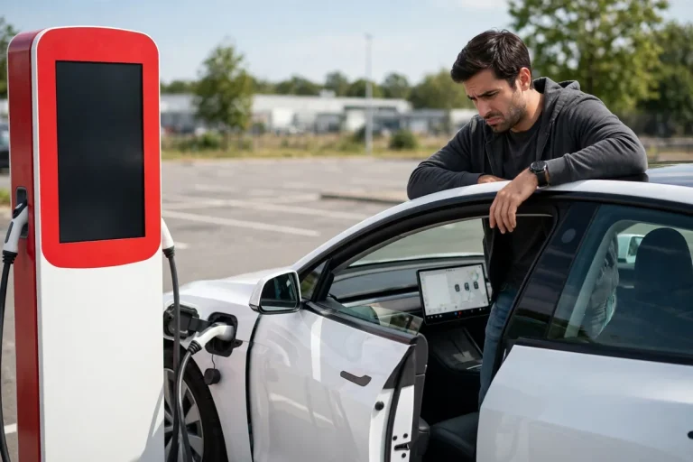 Tesla driver checking the screen beside a Supercharger stall that will not start charging