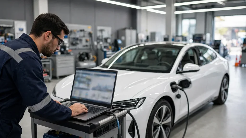 Technician running battery diagnostics on a laptop connected to a Tesla at a service center