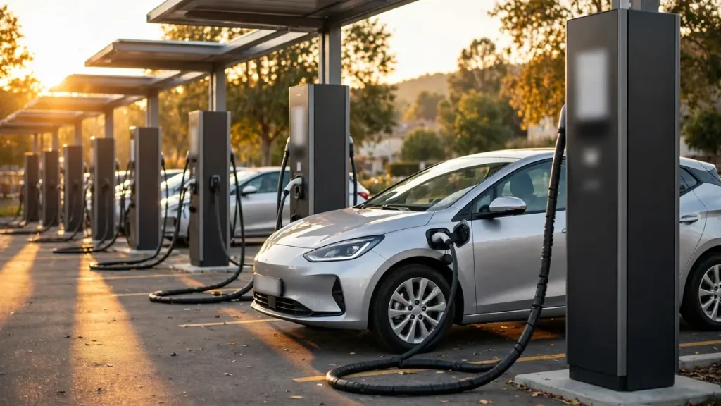 Electric car plugged into an 800V ultra-fast 350 kW DC charging station