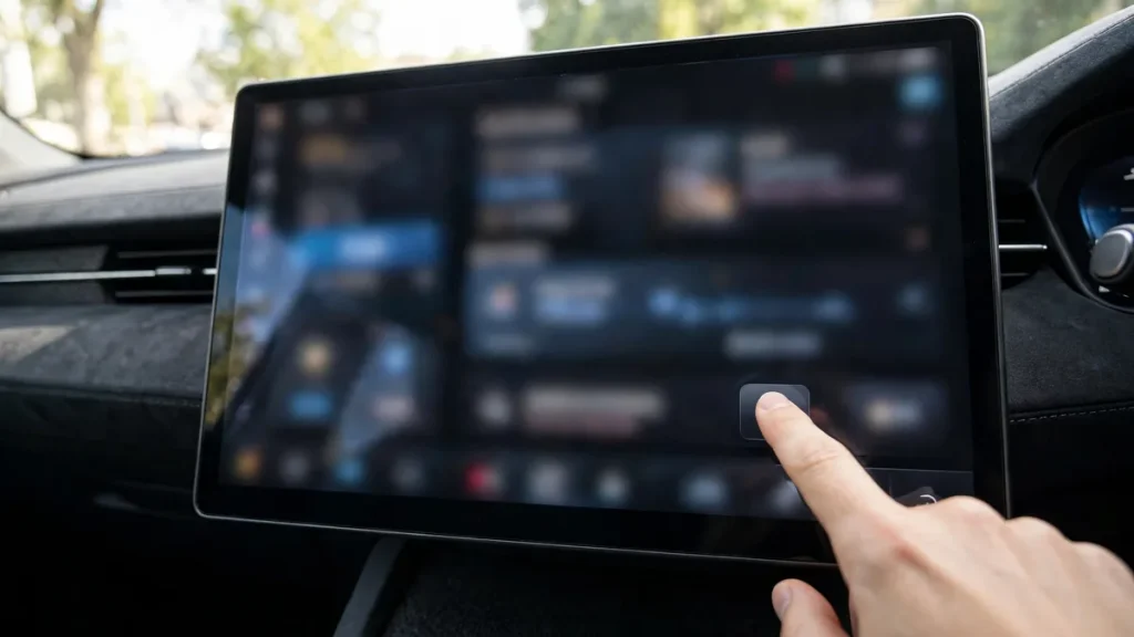 Finger tapping the charge port unlock control on the car's central touchscreen