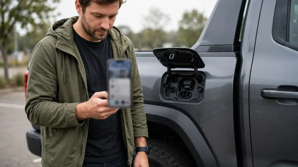 Owner using a phone app beside an electric truck to unlock its charge port