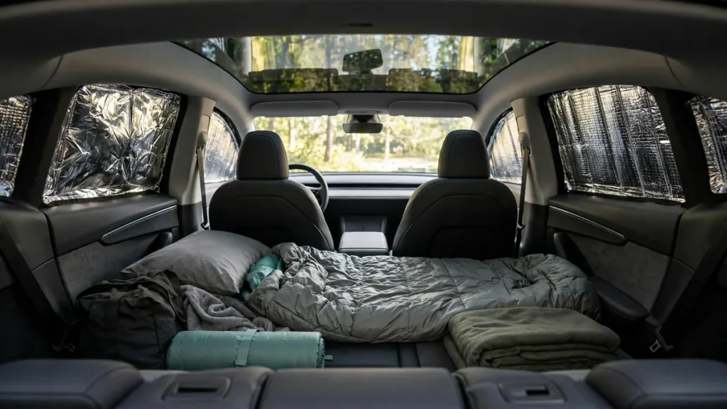 Reflective window covers fitted inside an electric car to reduce heat loss while camping