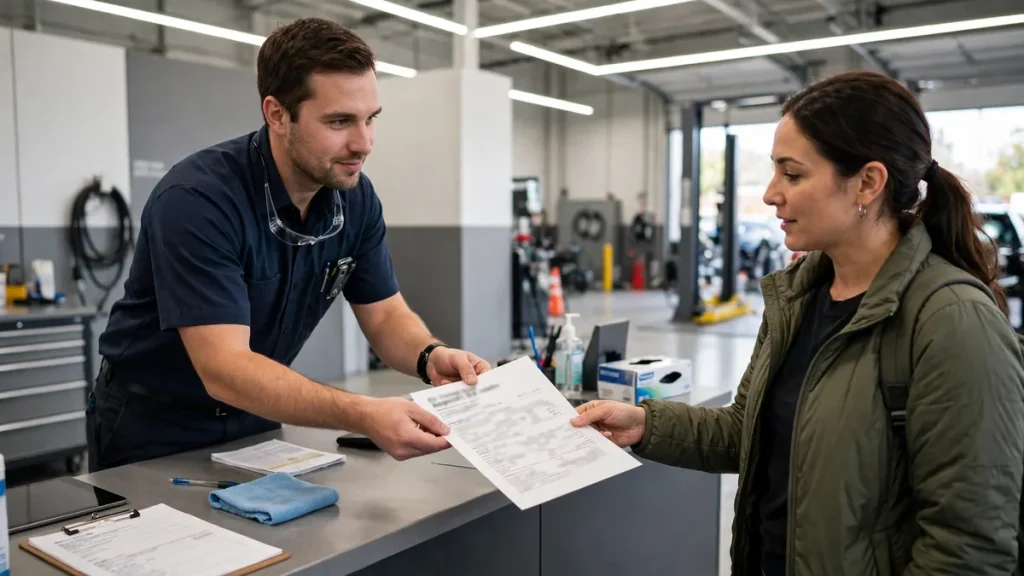Technician handing a printed battery health report to an EV owner at a service desk